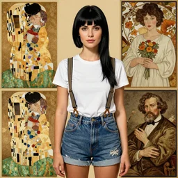a woman with black hair and long pixie haircut in shorts with suspenders and white t-shirt drawn by maler collier, norman rockwell, alphonso azpiri, peter paul rubens, alphonse mucha, gustav klimt 4k, unreal 5, DAZ, french noveau, trending on artstation, octane render, hyperrealistic