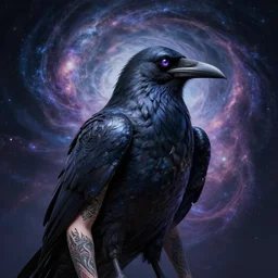 a wlop 3 d render of very very very very highly detailed beautiful mystic portrait of a phantom undead raven bird with whirling galaxy around, tattoos by anton pieck, intricate, extremely detailed, digital painting, artstation, concept art, smooth, sharp focus, illustration, intimidating lighting, incredible art,