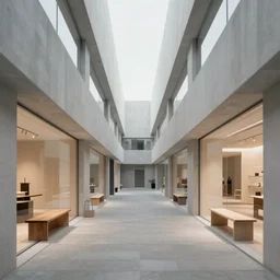symmetry, parallel perspective with center end point, parallax mapping of brutalist shop, minimalist architecture, minimalist furniture, octane render, high quality
