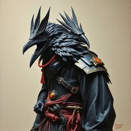 resin sculpture of a kenku raven in japanese cyber samurai attire. oil on canvas by lead character artist takayuki satou