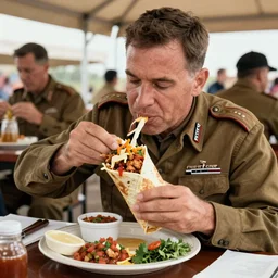 a 1 8 5 8 colorized photo of general pitzer a union general eating a large chicken burrito with cheese and salsa