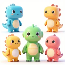 concept sheet of cute colorful 3 d family characters for kids assisting a concept machine. cute bipedal robo - dinosaurs, big head and eyes, primitive shapes and forms, reflective like candy, concept art, 8 k, artstation