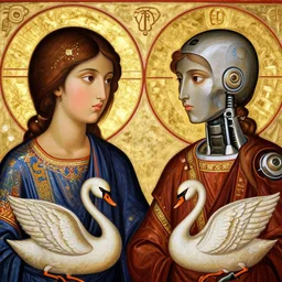 portrait of 2 different asian looking girls and robot close up looking at each other in iconography style theophanes the greek glitter chinese ornament dress swan