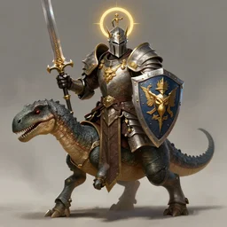 holy paladin wearing full plate armor holding a monkey crest shield and holding sword and riding a dinosaur, concept fantasy, dnd