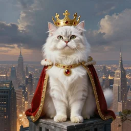a fantasy painting of an anthropomorphic white brindle persian cat dressed as a renaissance king with crown in head, standing on a skyscraper overlooking a vast city, cinematic, beautiful lighting, dramatic