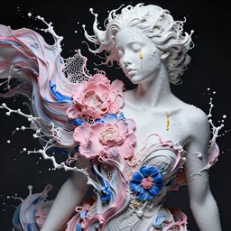 a wide portrait of a beautiful girl, porcellaine skin with golden tears, dramatic lighting, splashy intricate thick paint texture on the face and body, flowy intricate cloth covering section of torso and face, intricare abstract flower arrangement, pink and blue color palette