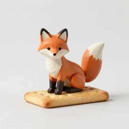 A wooden statuette of a fox on a cracker. solid Background.