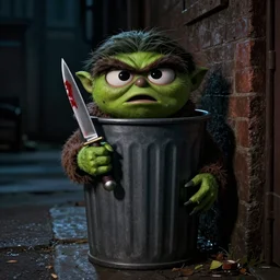 oscar the grouch hiding in his trash can in a dark alley, holding a bloody knife in his hand and with a shocked look on his face, night time, dramatic
