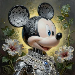 profile portrait painting of mickey mouse, dutch masters, silver lace floral steampunk biomechanical beautiful one techno eye young female cyborg, big monocular, volumetric light, leaves foliage and stems, hibiscus flowers, alexander mcqueen, rim light, big gothic fashion pearl embroidered collar, 8 k