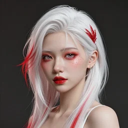 beautiful albino Asian girl fancy haircut, unreal engine octane, red and white, portrait, gliter, depth of field, 8k, hyper detailed