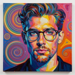 impasto pop - art oil painting portrait of a handsome man with glasses, no beard, ecstacy, intricate, illumination, fibonacci fractals, rule of thirds, vaporwave, vibrant colours