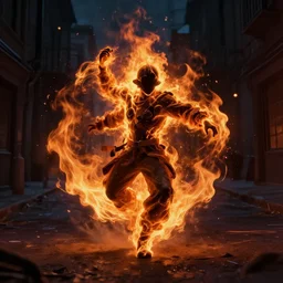 a fire ( [ [ in human form ] ] ), is dancing in a dark street. character concept art by greg rutkowski