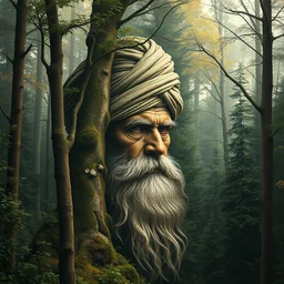 incredible forest camouflage art landscape looks like a hidden face of a wise old man in a turban with a long beard dreamy surrealism, masterpiece, golden mean, award winning by bev doolittle