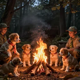 puppies that are Boy Scouts building a campfire