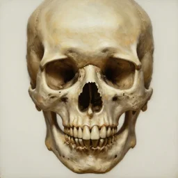 perfectly centered portrait, front view of a skull, intense stare, symmetrical, concept art, intricate detail, volumetric shadows and lighting, realistic oil painting by tim hildebrandt