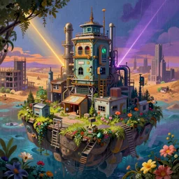 a beautiful ultradetailed painting of industrial architecture architecture urbex signal box building abandoned city unfinished building nature by benedek vass, architecture island cyberpunk uv light rainforest myst studio ghibli flowers nature bioshock desert landscape laser at dawn, archdaily, wallpaper, highly detailed, trending on artstation.