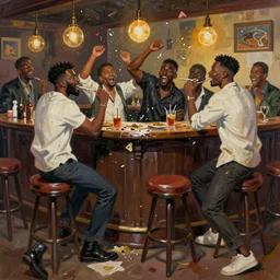 a messy fun painting of black men gatecrashing a bar, art by basil gogos, artstation