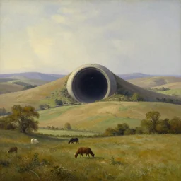 intergalactic stargate portal in the middle of a quiet countryside, with rolling hills and peaceful grazing animals in the foreground by thomas kinkaid
