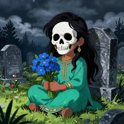 an anime - style artwork depicting a little indian girl with long, messy black hair, sitting in front of a grave in a cloudy graveyard at night, holding a bouquet of blue flowers that contrasts with her sea - green anarkali suit, and wearing a mask of skull that hid her face