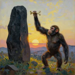 bright beautiful oil painting of a primitive ape throws a bone at a giant black monolith at sunrise, light scatter, van gogh