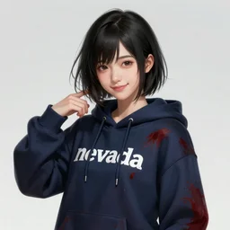 a highly detailed illustration of black short hair cute japanese girl wearing blood stained navy hoodie with the word nevada on it, dramatic smile pose, intricate, elegant, highly detailed, centered, digital painting, artstation, concept art, smooth, sharp focus, league of legends concept art, WLOP