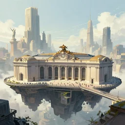neo - classical train station of massive proportions in a floating city, towering statues in the distance, illustration by yoann lossell, raphael lacoste