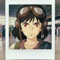 a polaroid full body portrait of a very angry 1 9 5 0's aviator disney style girl, red eyes, finely detailed features, closeup at the faces, perfect art, in the airport yard, gapmoe yandere grimdark, trending on pixiv fanbox, painted by greg rutkowski makoto shinkai takashi takeuchi studio ghibli, akihiko yoshida,