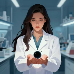 a portrait art of a beautiful female scientist in a laboratory holding a small black hole in her hands, inspired art by istvan sandorfi and greg rutkowski, concept art, stylised, elegant, sharp focus, morandi color scheme, illustration, high quality, highly detailed, long hair, digital art, futuristic art style, art station