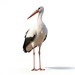 gentle stork, clean 3d render, full body, isolated on a pure white background, centered, entire subject in frame, sharp focus, soft studio lighting