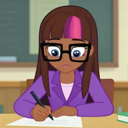 humanized twilight sparkle studying for a test, a black girl with straight long brown hair and bangs, black square glasses, and a purple suit jacket