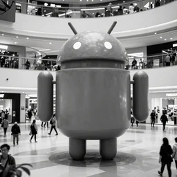 camera footage of a giant Android Rat in an abandoned shopping mall, high exposure, dark, monochrome, camera, grainy, CCTV, security camera footage, timestamp, zoomed in, fish-eye lense, Rat,