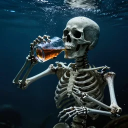 dark and eerie skeleton under water drinking scotch