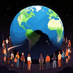 blackhole illustration from earth and bunch of people watch, unreal engine, vector art