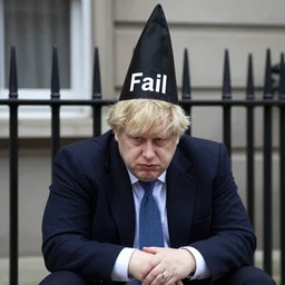 Fat Boris Johnson sitting, looking dejected, wearing a dunces hat with the word Fail on it