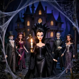 macro closeup old flash photo of a creepy seductive gothic disney whimsical elvira barbie dolls with black hair posing in a haunted mansion at night holding a candle, spider webs, guillermo del toro, hp lovecraft, wes anderson, lois van baarle, ilya kuvshinov, wes craven, greg rutkowski,