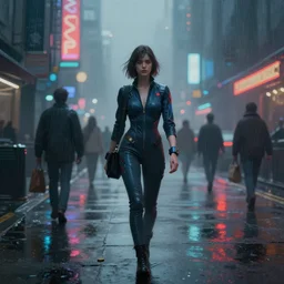 painting. digital art. young woman. eva suit. walking down busy city street. night. hazy. foggy. raining. neon lights. cyberpunk. greg rutkowski. [ [ [ wlop ] ] ]. cinematic lighting. intricate. beautiful. award winning. trending on artstation.