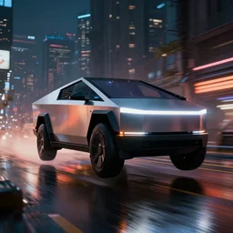 closeup photo of combat tesla cybertruck hovering floating over wet dystopian cyberpunk city streets at night, mad max, action, speed, volumetric lighting, hdr, need for speed, gta 5, forza, ridley scott, makoto shinkai, syd mead, craig mullins, cinematic, fast and furious, blade runner, octane, 8 k, iso 1 0 0, 1 2 mm