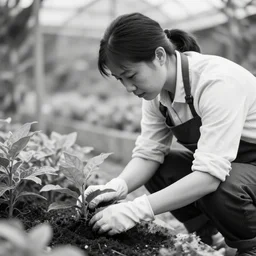 a scene of a gardener taking care of a plant, timelapse, black and white, comic book art, by yoji shinkawa and takehiko inoue and kim jung gi, masterpiece, perfect