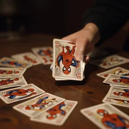 spiderman playing cards, dealing cards on a table in a dark room, dim light, realistic light, soft light, focus, depth of field, photorealism, 8 k quality, high quality, realistic style, old painting, classic era painting
