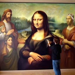 bob ross painting a mural of the mona lisa surrounded by the seven apostils