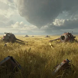 a highly detailed beautiful dreamy breathtaking matte painting of the outer worlds screenshot, a tall grass field, broken machinery, simon stalenhag, featured on artstation, pulp scifi book cover art, i can't believe how beatiful this is, wow