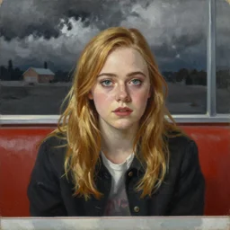 Elle Fanning at a diner, head and shoulders portrait, stormy weather, extremely detailed masterpiece, Roger Deakin’s cinematography, oil on canvas, Norman Rockwell,