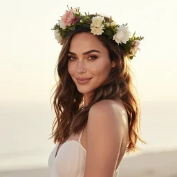 fine art photo of the beauty gal gadot, she is posing while maintain a sweet eye contact to the camera, she has a crown of flowers, the photo was taken at sunrise with a bokeh effect, by anka zhuravleva, photorealistic, matte painting, hyper realistic, 4 k, 8 k, cinematic composition, hd, highly detailed, trending on artstation