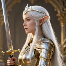 queen elf profile view with white diamond headband and armor in golden and silver colors and a curve long sword, pointy ears, full body, white long hair, detailed face, epic masterpiece of cinematographic hyperrealism, realistic shaded lighting poster by craig mallismo, artgerm, jeremy lipkin and michael garmash, unreal engine, radiant light, detailed and intricate environment, digital art,