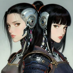 portrait of two women head cyborg samurai by gaston bussiere, anna nikonova aka newmilky, greg rutkowski, yoji shinkawa, yoshitaka amano, tsutomu niehi, moebius, donato giancola, geoffroy thoorens, concept art, trending on artstation, featured on pixiv, cinematic composition, 8 k