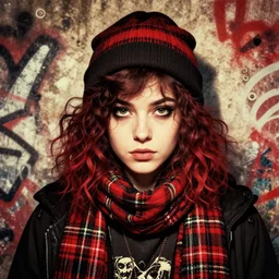 highly detailed portrait of a sewer ( ( emo punk ) ) lady student, beanie, tartan scarf, curly hair by atey ghailan, by greg rutkowski, by greg tocchini, by james gilleard, by joe fenton, by kaethe butcher, gradient red, black, brown and cream color scheme, grunge aesthetic!!! graffiti tag wall background