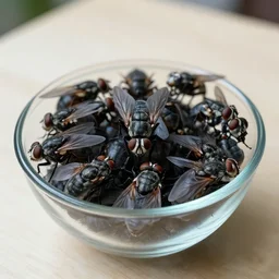 glass bowl full of giant flies on a table