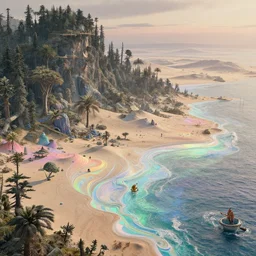 highly detailed holographic iridescent sci fi world with forests deserts and oceans, at dusk, by gilbert williams, by simon stalenhag, by beeple, by bruce pennington, by moebius, featured in juxtapoz, mixed media, dynamic composition, octane render, with many different pastel shades of blue pink orange yellow green, beautiful lighting, desaturated