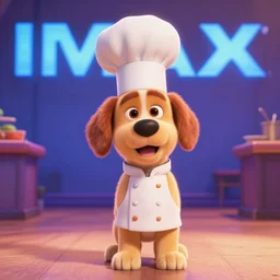 promotional image of a puppy as a chef in the new pixar movie, movie still frame, promotional image, imax 70 mm footage