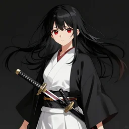 beautiful and cute anime girl with jet black long hair blowing in the wind with deep red eye staring blankly wearing a white hakama and a black haori equipped with intricately decorated katana, concept art, highly detailed digital art, intricate, dark colors, art by wlop, greg rutkowski, 8 k